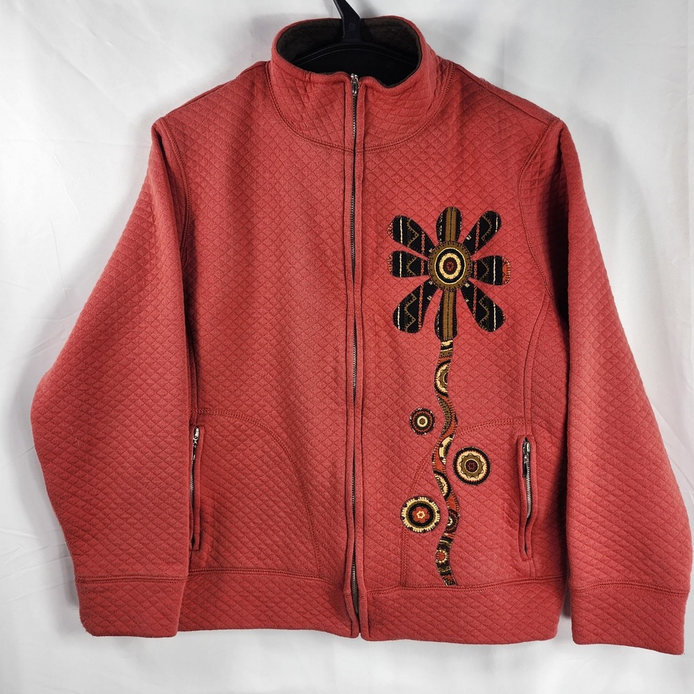 Quilted Red Floral Fall Autumn Jacket Whimsical Russia Artsy Earthy Womens Large